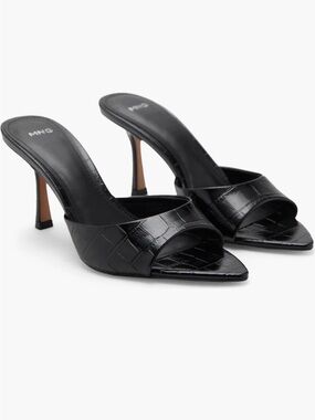 Mango Black Croc-Embossed Open-Toe Slide Heels